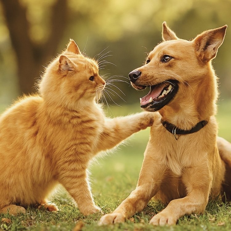 An orange cat playfully touches the snout of a light brown dog with its paw while both are sitting on grass in a park.