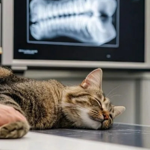 A tabby cat rests on a table in front of a computer monitor displaying a dental x-ray.